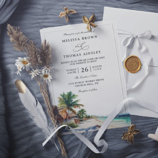 Watercolor Cancun Mexico Beach QR Code Wedding Invitation (Creator Uploaded)