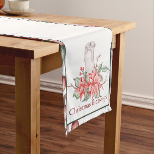 Watercolor candle and poinsettia custom Christmas Short Table Runner