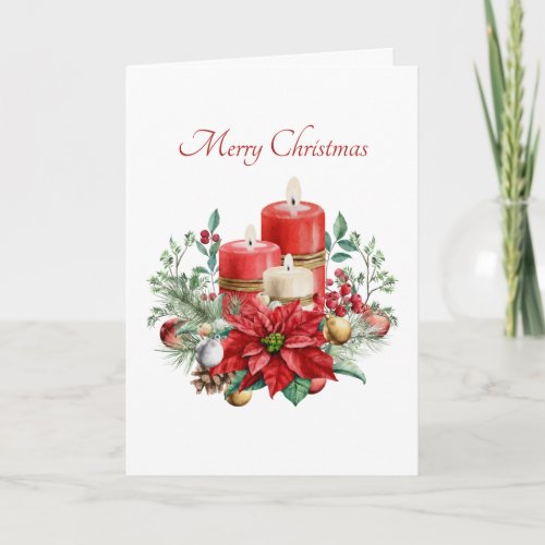 Watercolor Candles and Floral Bouquet Christmas Card