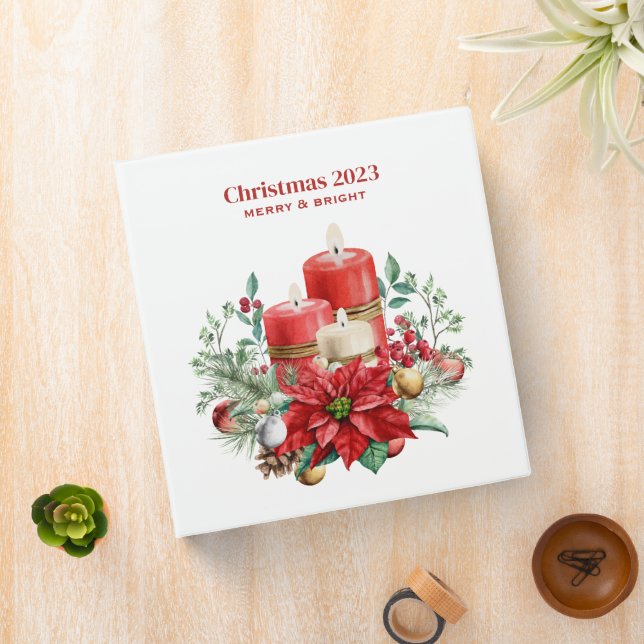 Watercolor Candles and Poinsettia Christmas 3 Ring Binder (In Situ)