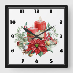 Watercolor Candles and Poinsettia Christmas Square Wall Clock