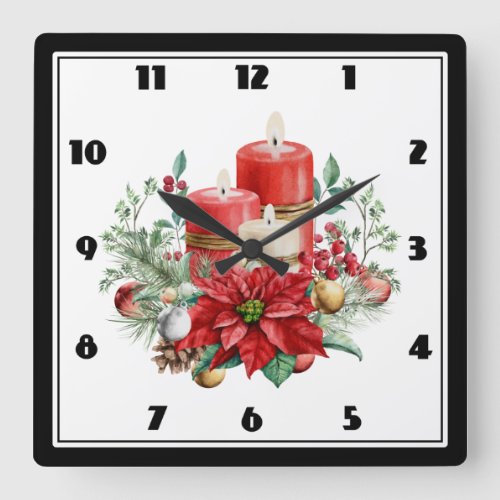 Watercolor Candles and Poinsettia Christmas Square Wall Clock