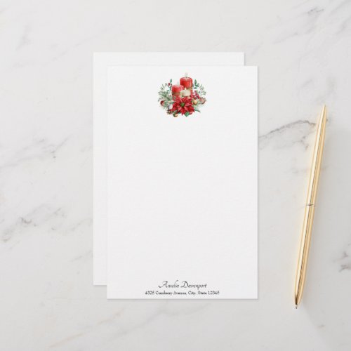 Watercolor Candles and Poinsettia Christmas Stationery