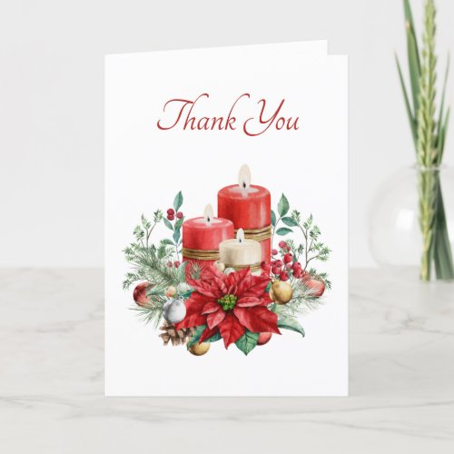 Watercolor Candles and Poinsettia Christmas Thank You Card
