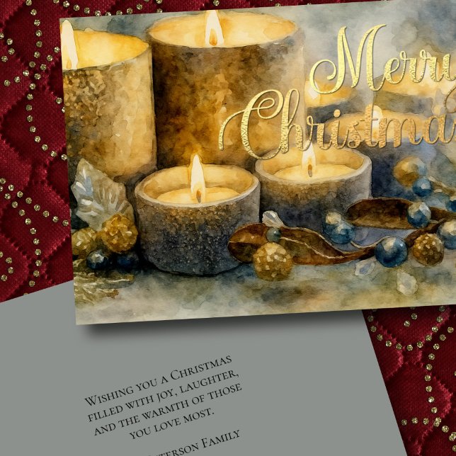 Watercolor Candles Berries Christmas Gold Card (Creator Uploaded)