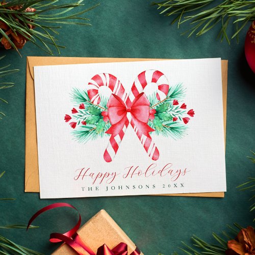 Watercolor Candy Cane and Bow Christmas Holiday Card