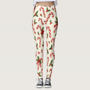 Watercolor Candy Cane and Holly Christmas Pattern Leggings
