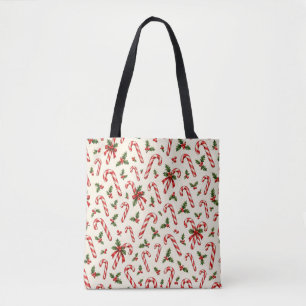 Watercolor Candy Cane and Holly Christmas Pattern Tote Bag