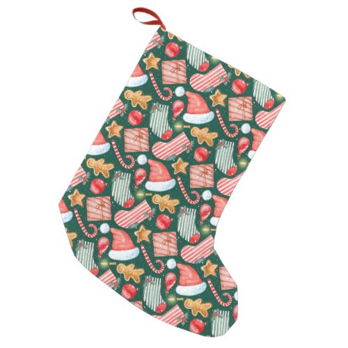 Watercolor candy cane gingerbread cookie pattern small christmas stocking