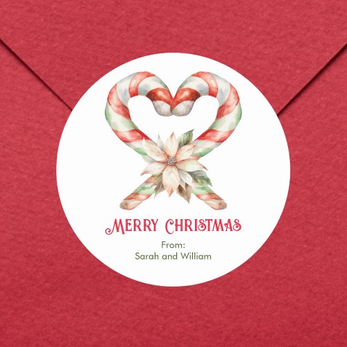 Watercolor Candy Cane Heart Classic Round Sticker