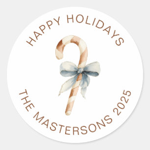 Watercolor Candy Cane Holiday Greeting Classic Round Sticker