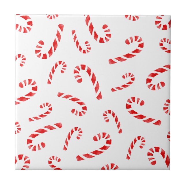 Watercolor Candy Cane Pattern Ceramic Tile (Front)