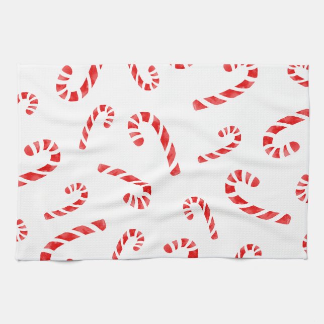 Watercolor Candy Cane Pattern Kitchen Towel (Horizontal)