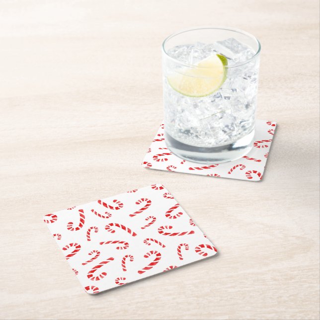 Watercolor Candy Cane Pattern Square Paper Coaster (Insitu)