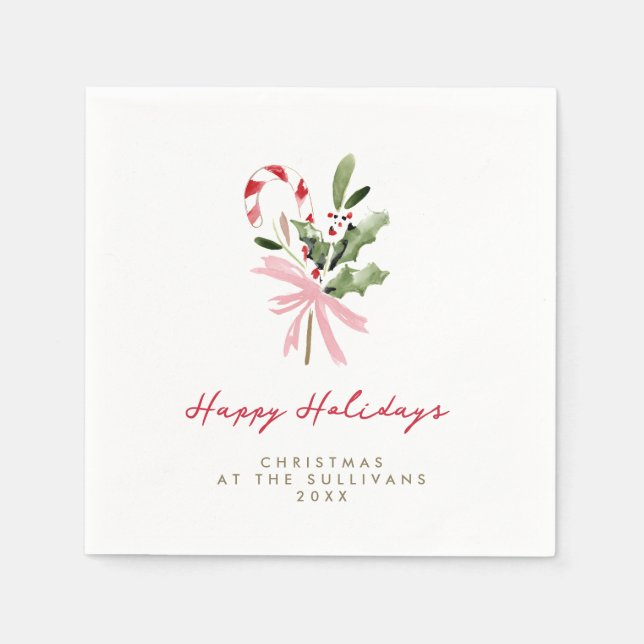 Watercolor Candy Cane Personalized Holiday Party Napkins (Front)