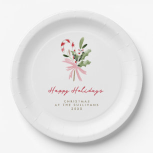 Watercolor Candy Cane Personalized Holiday Party Paper Plates
