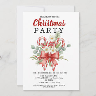 Watercolor Candy Cane & Red Bow Christmas Holiday Invitation