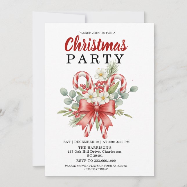 Watercolor Candy Cane & Red Bow Christmas Holiday  Invitation (Front)