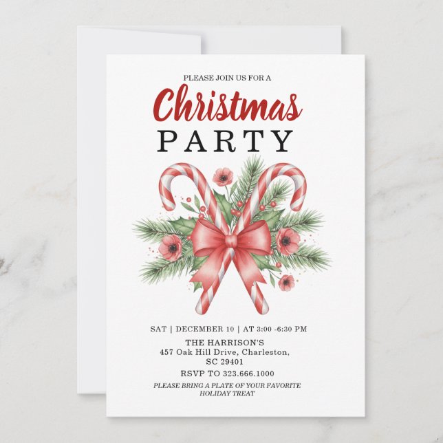 Watercolor Candy Cane & Red Bow Christmas Holiday  Invitation (Front)