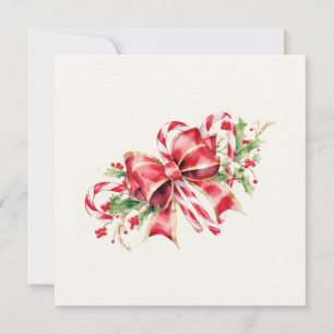 Watercolor Candy Cane Red Bow Holly Holiday Card