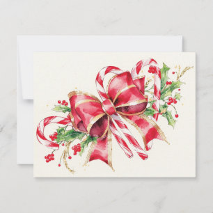 Watercolor Candy Cane Red Bow Holly Holiday Card