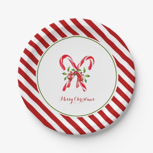 Watercolor candy cane with red  white  border paper plates