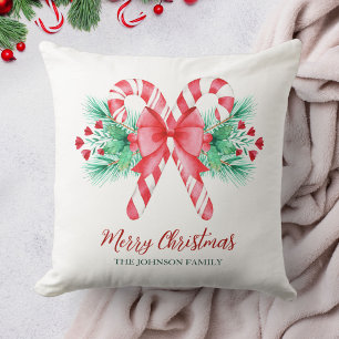 Watercolor Candy Canes and Bow + Name Christmas Throw Pillow