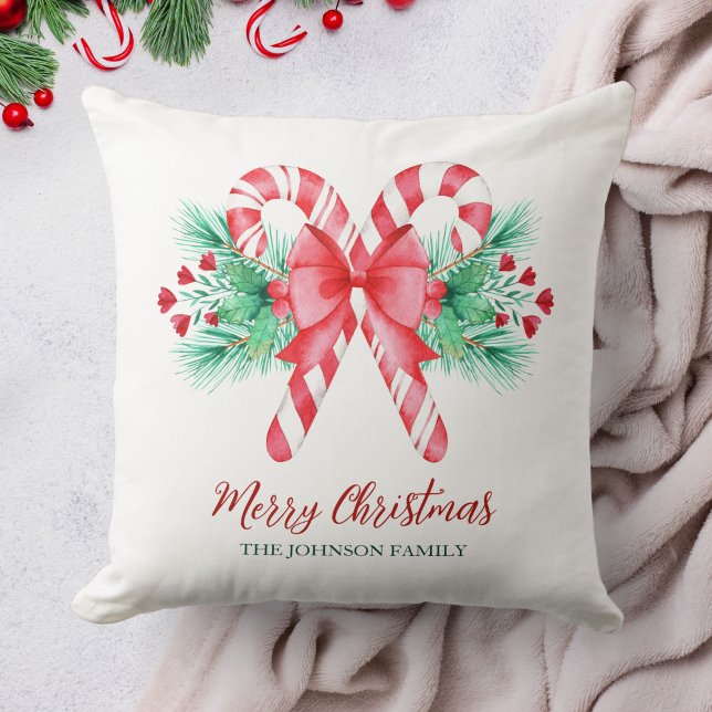 Watercolor Candy Canes and Bow + Name Christmas Throw Pillow (Watercolor Candy Canes and Bow + Name Christmas Throw Pillow)