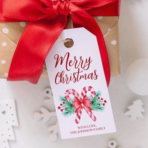 Watercolor Candy Canes and Red Bow Christmas Gift Tags