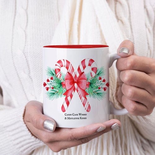 Watercolor Candy Canes and Red Bow Christmas Two_Tone Coffee Mug