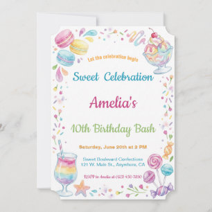 Watercolor Candy Sweet Celebration Kids Birthday Invitation