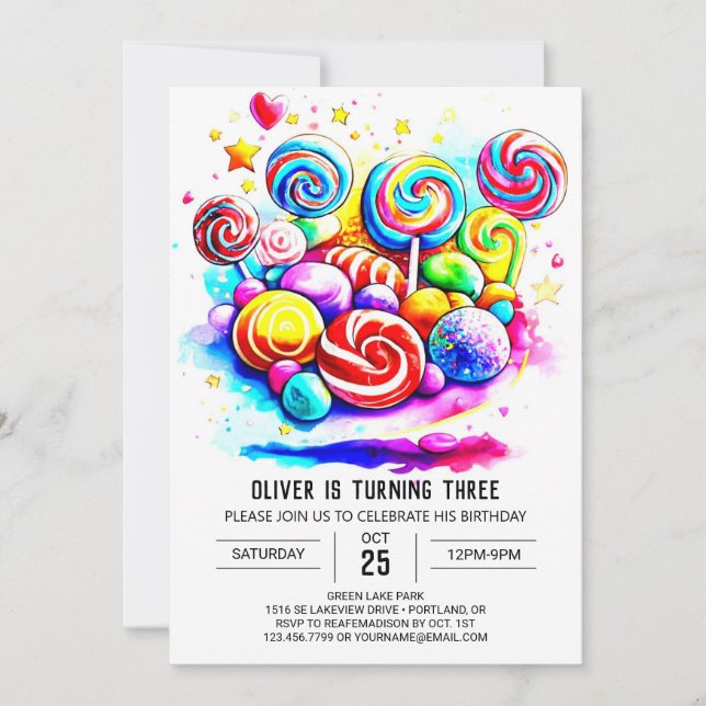 Watercolor Candy Sweet Chocolate Birthday Invitation (Front)
