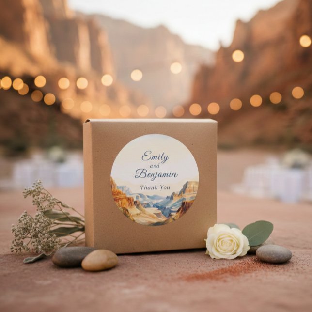 Watercolor Canyon Desert Wedding Thank You Classic Round Sticker (Creator Uploaded)