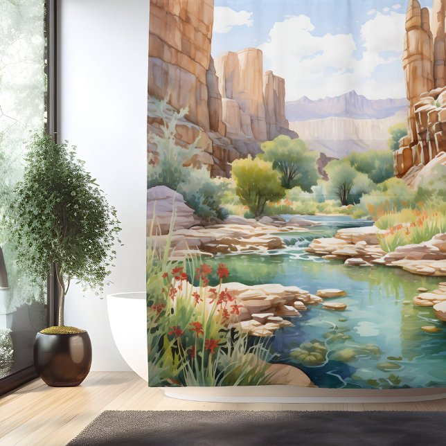 Watercolor Canyon Oasis Shower Curtain (Creator Uploaded)