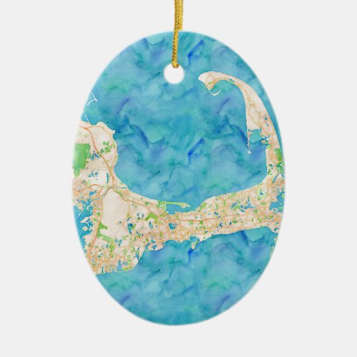 Watercolor Cape Cod Map Ceramic Ornament