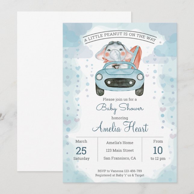 Watercolor car elephant   Baby Shower Invitation (Front/Back)