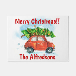 Watercolor Car with Christmas Tree Doormat