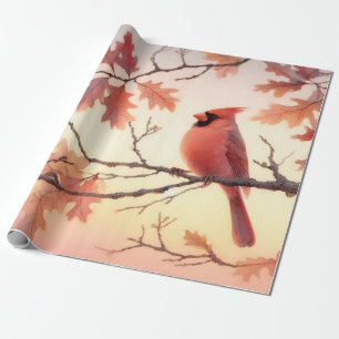 Watercolor Cardinal and Autumn Leaves Decoupage Wrapping Paper