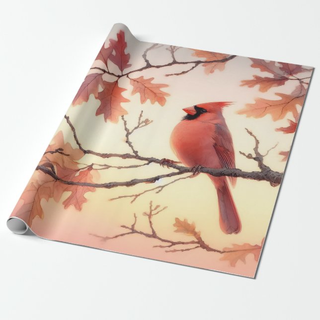 Watercolor Cardinal and Autumn Leaves Decoupage Wrapping Paper (Unrolled)