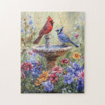 Watercolor Cardinal and Blue Jay Jigsaw Puzzle<br><div class="desc">A watercolor cardinal and blue jay,  showcasing the vivid beauty of backyard birds in a charming artistic style.</div>