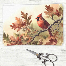 Watercolor Cardinal and Fall Oak Leaves Decoupage Tissue Paper