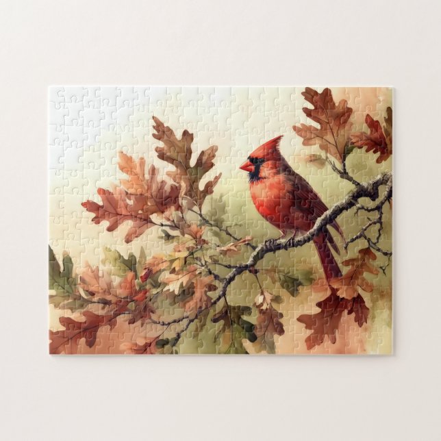 Watercolor Cardinal and Fall Oak Leaves Jigsaw Puzzle (Horizontal)