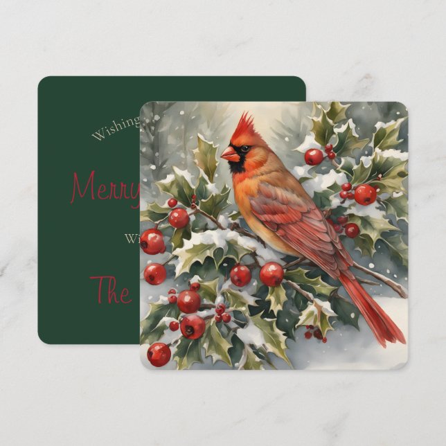 Watercolor Cardinal and Holly Christmas Card (Front/Back)