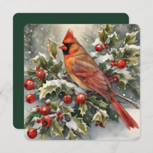 Watercolor Cardinal and Holly Christmas Card
