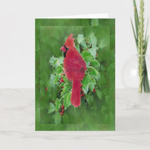 Watercolor Cardinal Bird and Holly Christmas Art Holiday Card