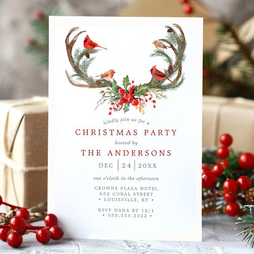 Watercolor Cardinal Bird Antlers Christmas Party Invitation