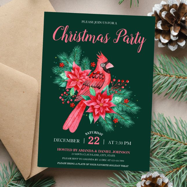 Watercolor Cardinal Bird Floral Christmas Party Invitation (Watercolor Cardinal Bird Floral Christmas Party Invitation)