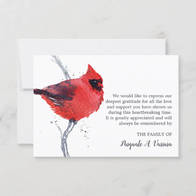 Watercolor Cardinal Bird Funeral Thank You Card | Zazzle