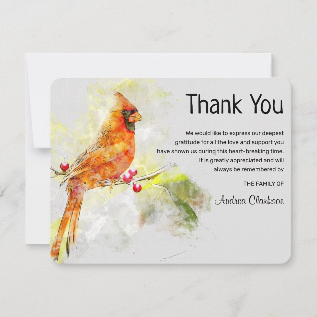 Watercolor Cardinal Bird Funeral Thank You Note | Zazzle