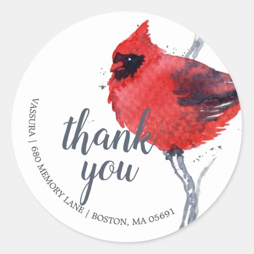 Watercolor Cardinal Bird Thank You Return Address Classic Round Sticker